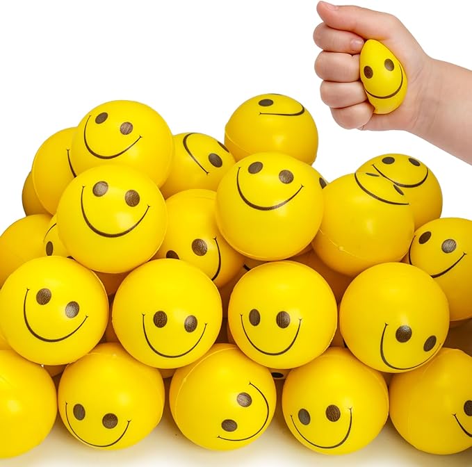 LovesTown Face Stress Balls, 2inch Funny Squeeze Balls 12PCS Yellow Smile Balls Mini Stress Relief Balls for Kids Adults School Carnival Reward Party Bag Gift