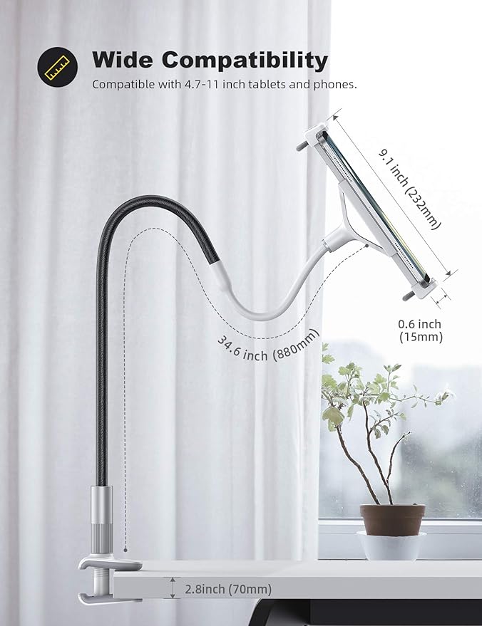 Lamicall Gooseneck Tablet Holder Mount : Flexible Arm Clip Tablet Stand for Bed, Desk Mount, Compatible with iPad Pro 11", Mini Air, Galaxy Tabs More 4.7 to 10.5" Phones and Tablets