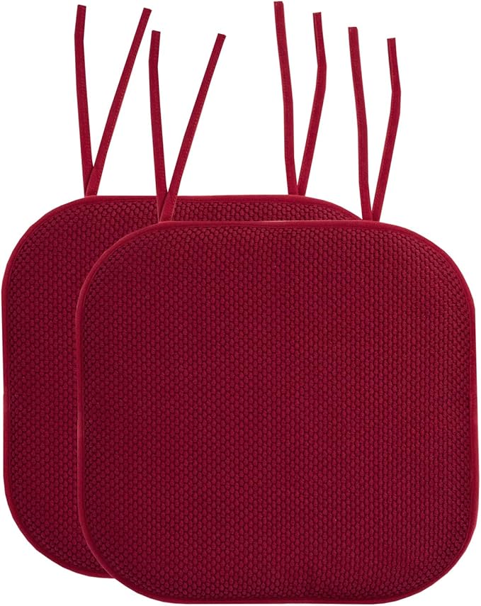 Sweet Home Collection Chair Cushion Memory Foam Pads with Ties Honeycomb Pattern Slip Non Skid Rubber Back Rounded Square 16" x 16" Seat Cover, 2 Pack, Wine Burgundy