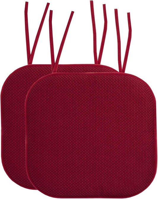 Sweet Home Collection Chair Cushion Memory Foam Pads with Ties Honeycomb Pattern Slip Non Skid Rubber Back Rounded Square 16" x 16" Seat Cover, 2 Pack, Wine Burgundy