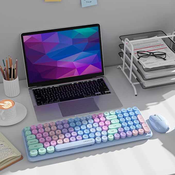Wireless Keyboards and Mouse Combos, UBOTIE Colorful Gradient Rainbow Colored Retro Typewriter Flexible Keyboard, 2.4GHz Connection and Optical Mouse