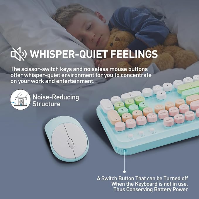 FD 2.4GHz Wireless Keyboard and Mouse Set with Switch Button - Full-Size Keyboard - Compatible for Windows/Laptop/PC/Notebook/Smart TV and More - Blue White Colorful