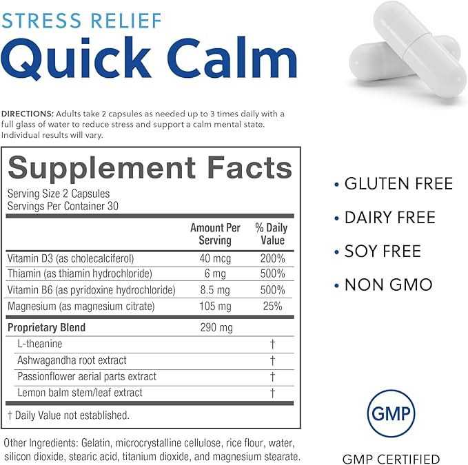 Quick Calm Mood Support Supplement with Ashwagandha, L-Theanine, Rapid Stress Relief and Relaxation – Cortisol Supplement - 60 ct