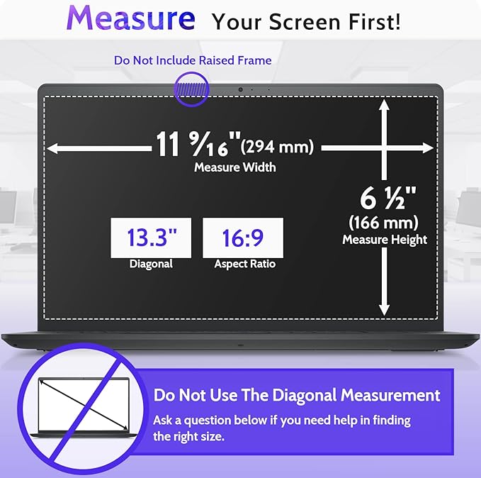 13.3 Inch Laptop Privacy Screen for 16:9 Computer Monitor, Anti Glare Blue Light Filter Protector, Removable 13 In Security Shield Compatible with Lenovo Hp Dell Acer Asus Thinkpad Envy Xps