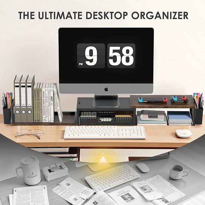 Desk Dual Monitor Stand Riser - Desk Organizer with Drawer and Pen Holders, Office Desk Accessories & Workspace Organization, Computer Monitor Stand for Laptop, Printer, TV, Office Decor, Wood