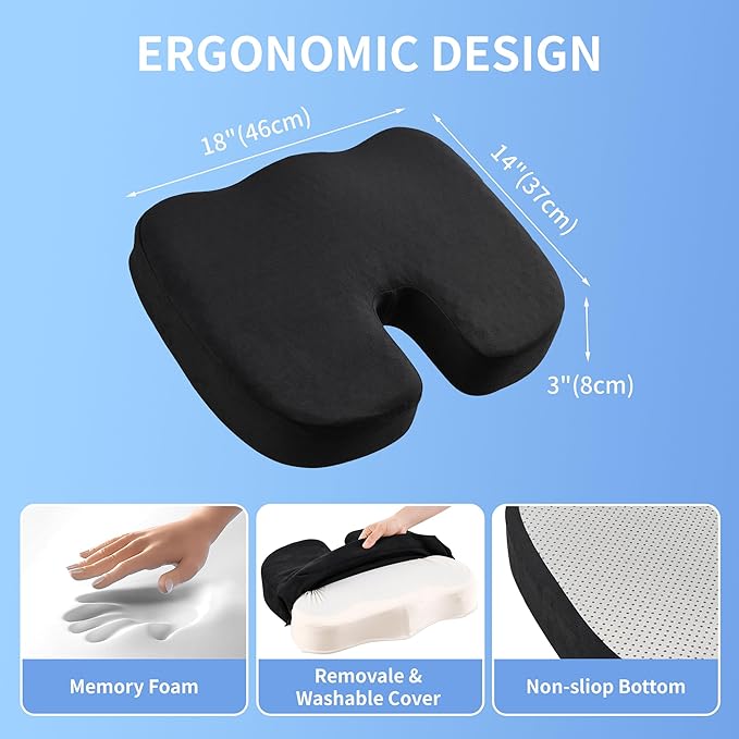 Seat Cushion for Office Chair, Gel & Memory Foam Chair Cushion, Sciatica & Coccyx Pain Relief Cushion for Long Sitting Office Workers, Car Drivers