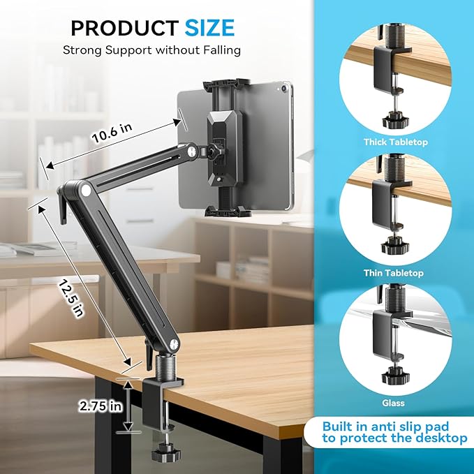 Adjustable Portable Monitor Stand 15.6" - 360° Rotating Base Tall Tablet Desk Arm Holder Stand for iPad Air/Pro/Mini Swivel Flexible Bed Clamp Mount Soporte para Tablet/Monitor Portatil/Ereader