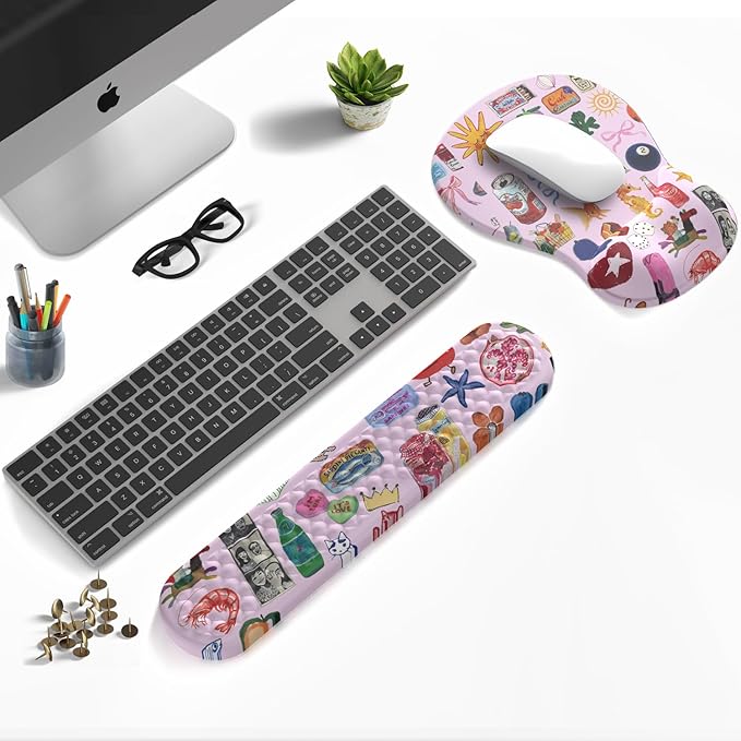 Cute Mousepad with Wrist Rest for Computer Keyboard Mouse Pad Ergonomic Pink Kawaii Mousepad, Best Desk Decor Office Girls Pink Desk 2-in-1 Wrist Support Mouse Pad, Soft Gel Material Anti Slip Bottom