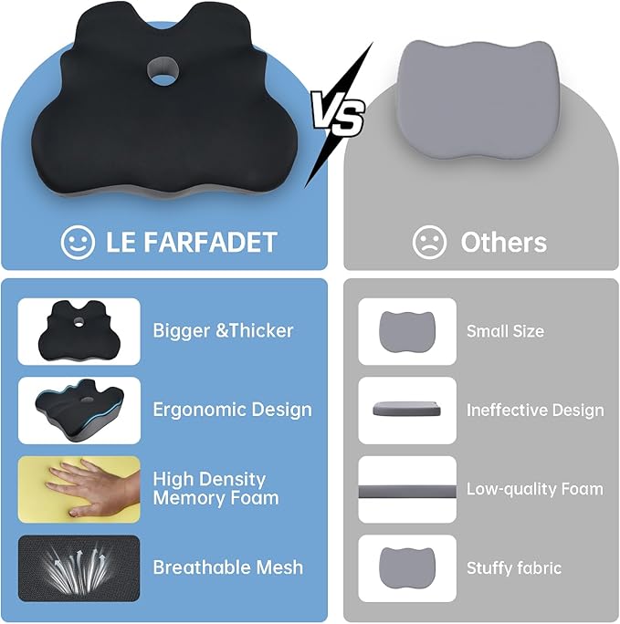 Seat Cushion, X-Large Memory Foam Office Chair Cushion, for Pressure Relief Sciatica & Pain Relief for Long Sitting Hours on Office/Home Chair, Car, Wheelchair