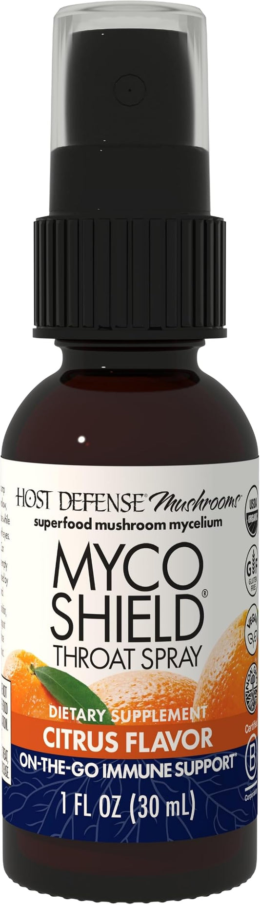 Host Defense MycoShield Throat Spray - Immune Health Support - Dietary Mushroom Supplement with Chaga, Reishi, Turkey Tail & More - On-The-Go Immune Support - Citrus Flavor, 1 fl oz (71 Servings)*