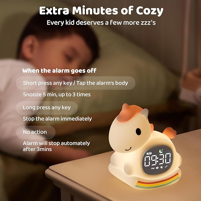 Alarm Clock with Night Light for Kids with Sleep Training and Sound Machine, Rechargeable Silicone Lamp OK to Wake Clock，Cute Animal Tabletop Lamp, Perfect Sleep Companion for Boys Girls,Pink Pony