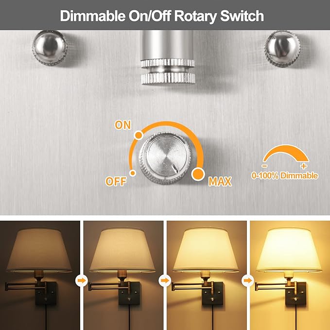 TRLIFE Dimmable Wall Sconce Plug in, Brushed Nickel Wall Sconces Set of Two Swing Arm Wall Lights with Plug in Cord and On/Off Dimmer Rotary Switch, 11.8" Large White Fabric Shade(2 Pack, 2 Bulbs)
