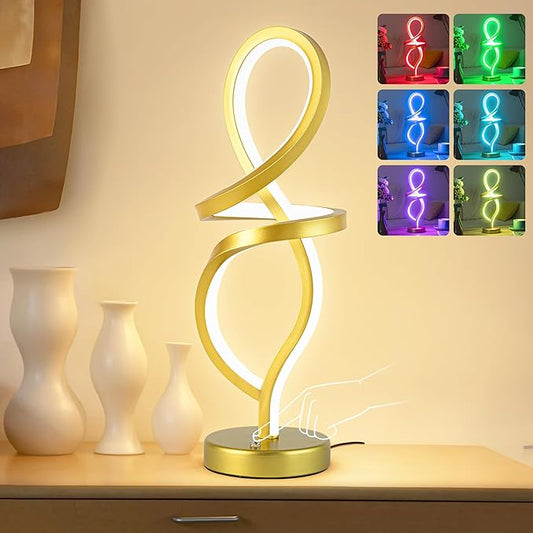 Mayful Modern RGB Table Lamp with LED Spiral Design, Gold Bedside Lamp & Nightstand Lamp, Touch Dimmable with 7 Colors & 10 Modes for Bedroom, Living Room, Home Office, 15W