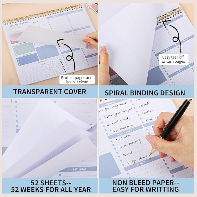 Weekly To Do List Notepad, 8.5''x11'' Weekly Desk Planner with 52 Tear Off Sheets Undated Weekly Planner Habit Tracker & Productivity Organizer for Home and Work, Blue