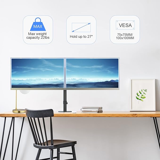 Suptek Monitor Mount, Adjustable Dual Monitor Arm Desk Mount Heavy Duty Monitor Stand fit for 27 inch Monitor Screens up to 22lbs,Black(MD9442)