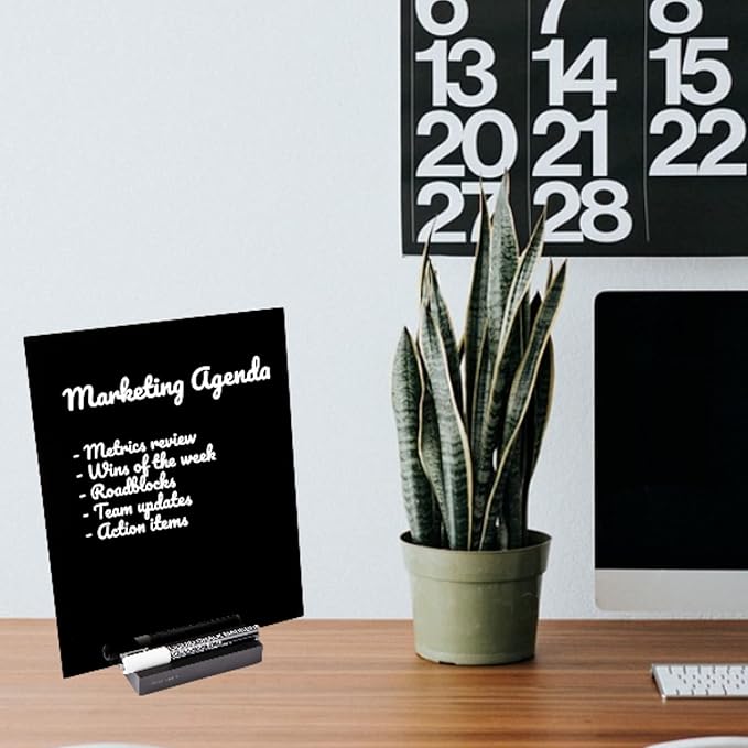 Acrylic Black Dry Erase Board with Stand – 10"x12" Desk Whiteboard for Office, Home or School – Reusable Desk Blackboard with Marker – Portable Chalkboard Easel for Notes, Reminders & to-Do Lists