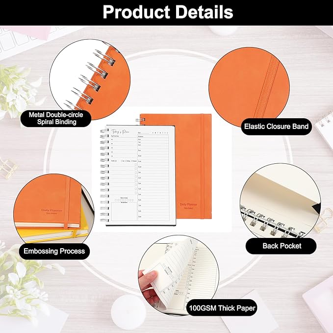 PATIKIL Undated Daily Planner with Hourly Schedule, A5 5.5"x 8.5" To-Do List Hard Cover Spiral Notebook Appointments Planner with Inner Pocket to Organize Daily Tasks Agendas, Orange