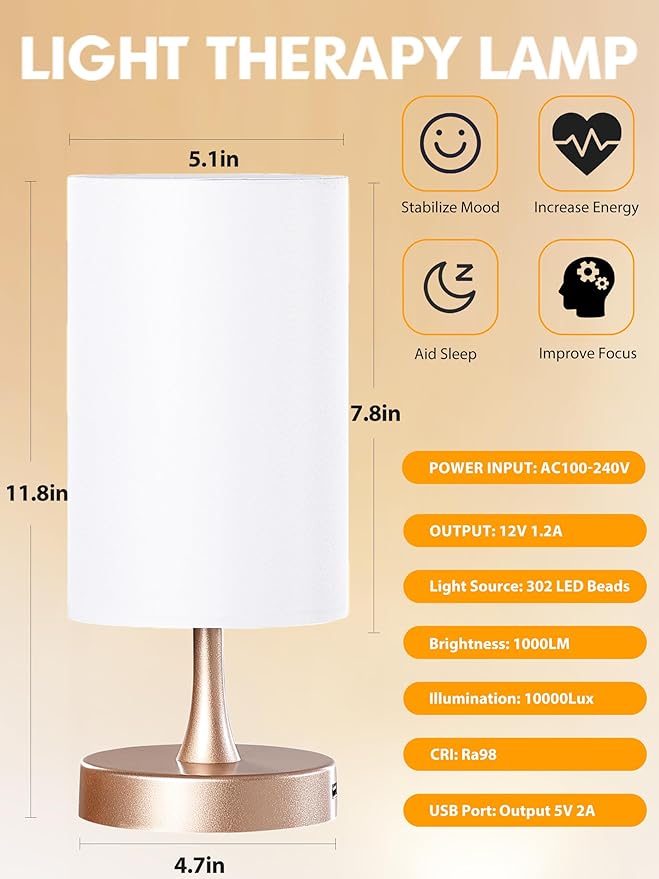 Light Therapy Lamp, 10000 Lux Daylight with 3 Color Temperatures, Adjustable Brightness & Timer with Memory Function, Sunlight Lamp with Remote Control (Gold Base, White Shade)