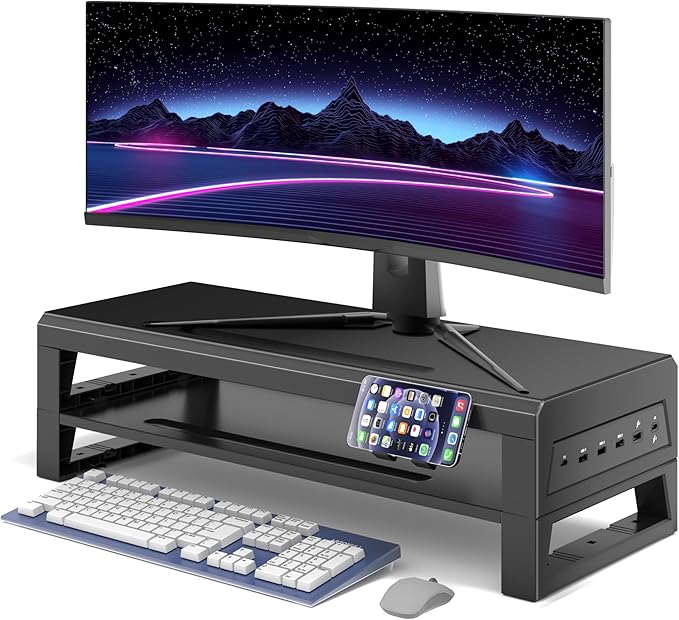 2-Tier Metal Computer Monitor Stand & Laptop Desk Shelf, 21.6 Inches, 22W Charging, 2 USB 3.0, 1 USB 2.0, Heavy Duty, Black, Metal