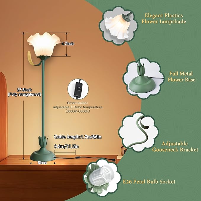 Cute Flower Table Lamp, Bedside Vintage Flower Lamp with LED Bulb, 3 Colors Temperature Flower Lamp for Bedroom Living Room Bedside Desk Reading Lighting Table Lamps Home Decoration (Green)