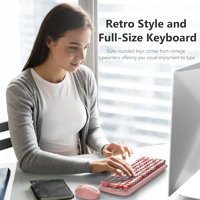 MOFii Wireless Keyboard and Mouse Combo, Retro Typewriter Keyboard with Multi-Media Function Keys and Number Pad Compared for PC Computer Windows (Pink Colorful)