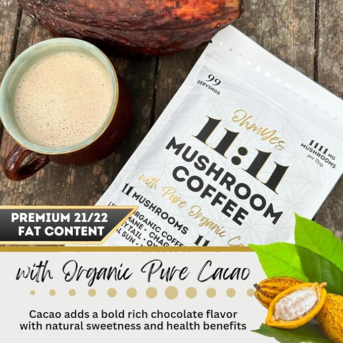 Ohmyes 11 Mushroom Coffee with Cacao – 11 USA Grown Adaptogenic Mushrooms for Focus, Clarity & Energy – Lion’s Mane, Reishi, Chaga + Nootropic Organic Superfood by OhmYes (7oz) - 99 Servings