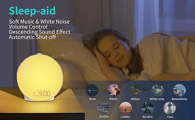MOMILLA Smart Kids Alarm Clock, White Noise Sound Machine, Sunrise Wake-up Light with App Control, FM Radio, Sunset Night Light, Dual Alarms for Heavy Sleepers