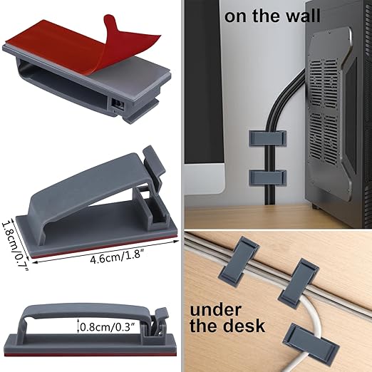 SOULWIT 50Pcs Self Adhesive Cable Management Clips, Cable Organizers Wire Clips Cord Holder for TV PC Ethernet Cable Under Desk Home Office (Grey)