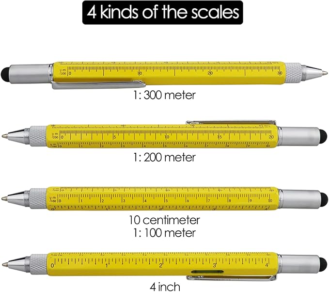 HeTaoCat Gifts Multi Tech Tool 6 in 1 Stylus Pen - Screwdriver With Ruler, Levelgauge, Ballpoint Black Ink (Yellow)