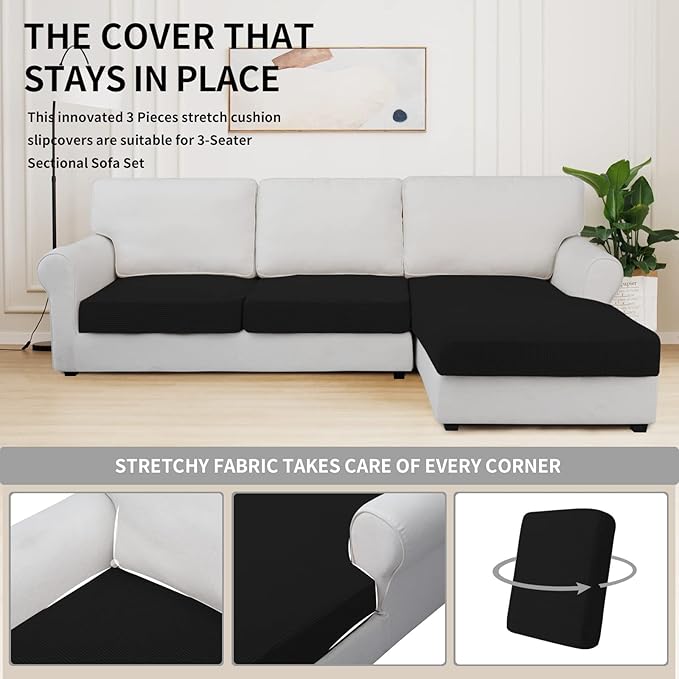 Easy-Going Stretch 3 Pieces Couch Cushion Covers for Sectional Sofa Left/Right L Shape Chaise Lounge Sofa Seat slipcover Anti-Slip Sofa Cover Soft (2 Seater + 1 Chaise, Black)