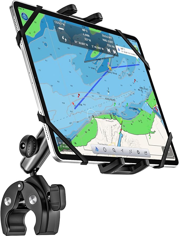 Boat Helm Tablet Mount, Marine Rail Tablet Holder with Aluminum Arm, 360° Adjustable Sailboat Pole Rod Handle Bar Clamp Mount for iPad Pro 13 12.9 11 Air Mini, Galaxy Tab, iPhone, 4-13" Device