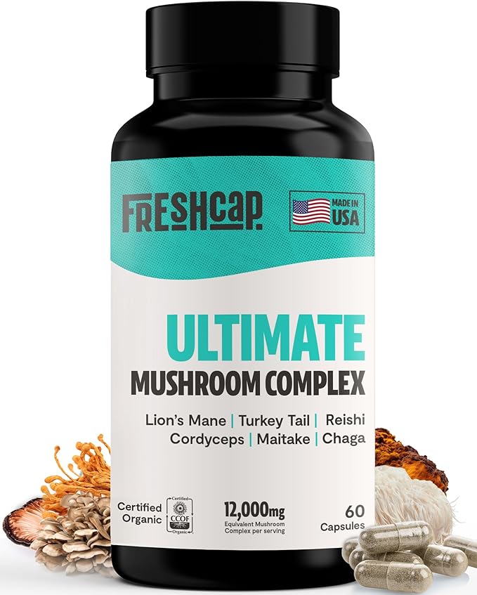 FreshCap Mushrooms Ultimate Mushroom Supplement 12,000mg - Nootropic Mushroom Complex Capsules, Organic Mushrooms Supplement, Nootropic Brain Supplements for Memory and Focus Ayurveda (60 Capsules)