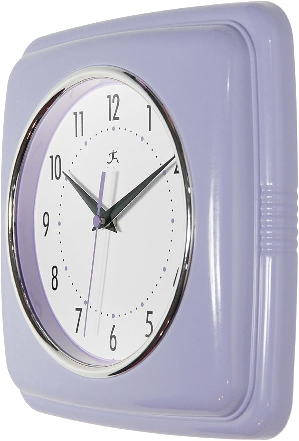 Infinity Instruments Retro Wall Clock – 9-Inch Square Silent Non-Ticking Mid-Century Modern Clock – Vintage Decorative Wall Clock for Kitchen, Office, or Diner – Lilac