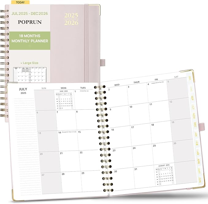 POPRUN Monthly Planner 2025-2026 Spiral Hardcover (8'' x 10''), 18 Months Calendar (Jul.2025 - Dec.2026)- 2 Pages per Month with Dotted Note Pages, Sunday Start, Laminated Tab - Light Pink