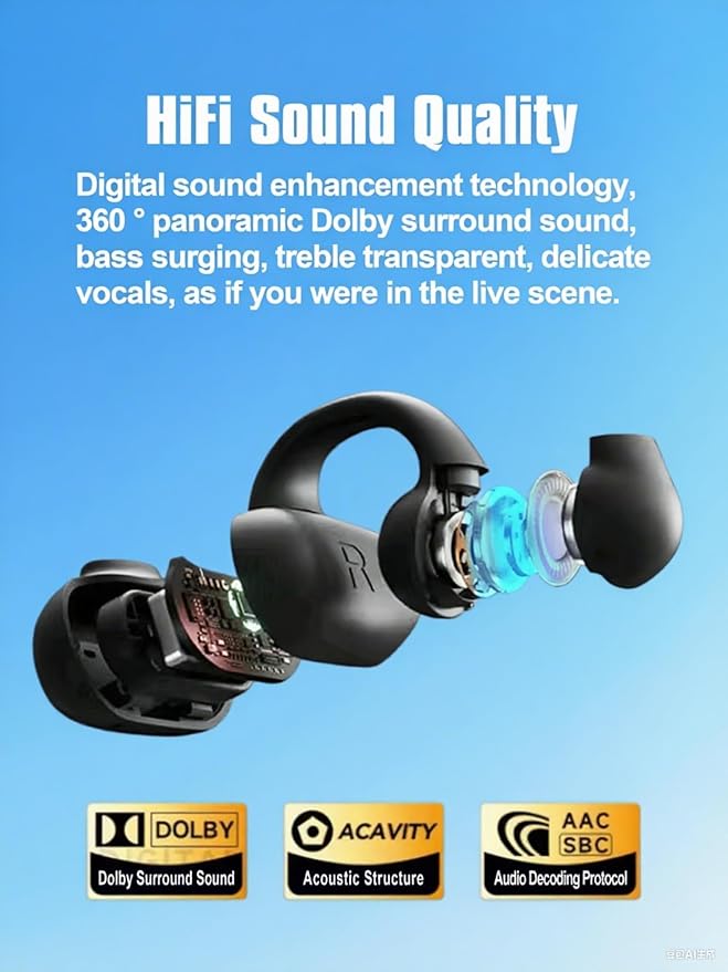 Ear Clip Wireless Earbuds Open Ear Headphones Bluetooth with Touch Control AI Noise Cancelling 30Hrs Playtime IPX4 Waterproof Lightweight Comfort Unisex for Sports Running & Workouts