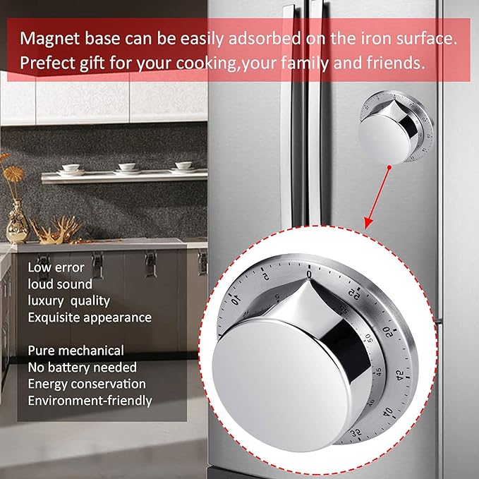 Kitchen Timer, Chef Cooking Timer Clock with Loud Alarm, No Batteries Required, 100% Mechanical - Magnetic Backing, Exquisite Stainless Steel Body - Countdown Reminder - Silver 1Pack