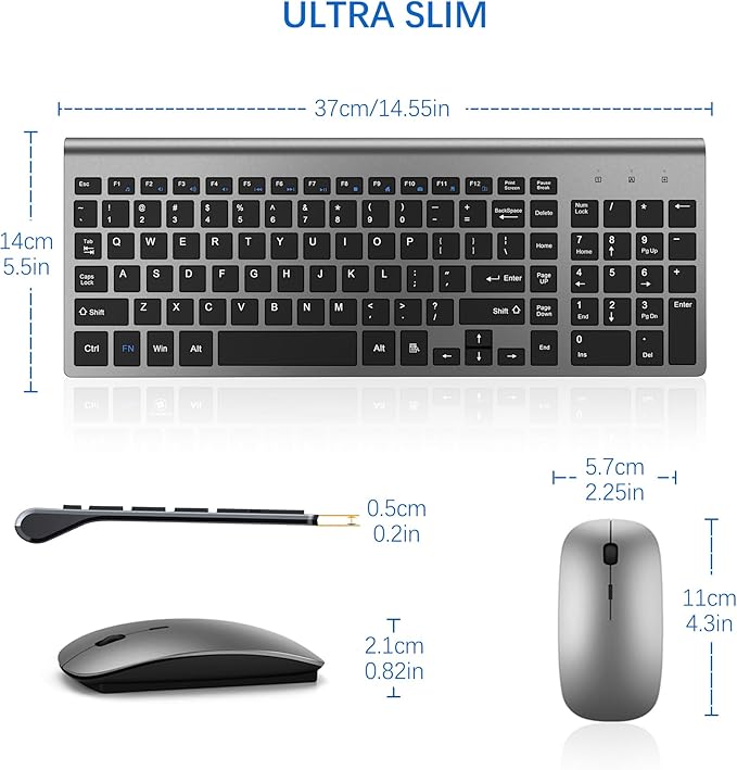 Wireless Keyboard and Mouse Ultra Slim Combo, TopMate 2.4G Silent Compact USB 2400DPI Mouse and Scissor Switch Keyboard Set with Cover, 2 AA and 2 AAA Batteries, for PC/Laptop/Windows/Mac - Gray Black