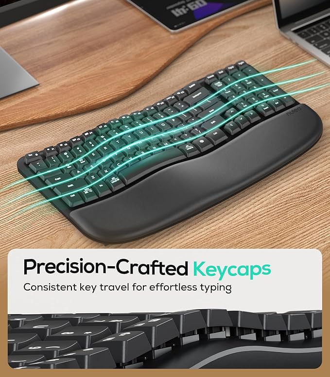 Nulea RT08 Wave Keys Wireless Ergonomic Keyboard with Cushioned Palm Rest, 2.4GHz Ergo Cordless USB Computer Keyboard, Comfortable Natural Typing, for Laptop, Mac, Windows Black
