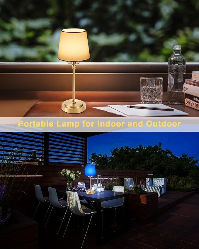 Egobasic Cordless Rechargeable Table Lamp with Remote, Small Portable Battery Operated Lamp with Timer, 12 RGB Lighting Dim, Restaurant Dining Bed Side Table Night Lights, Fabric Shade, Antique Brass