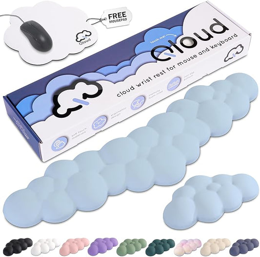 Qloud Cloud Wrist Rest Keyboard Wrist Rest for Computer Keyboard Pad, Cloud Keyboard Wrist Rest, Wrist Pad for Keyboard, Memory Foam, Non Slip Base, Comes with Mouse Pad - Light Blue