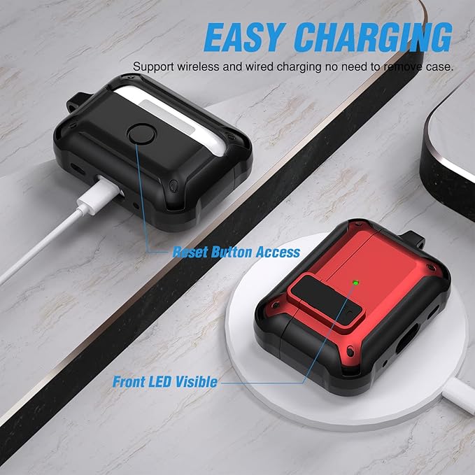 Valkit Armor Series Full-Body Shockproof Protective Case Cover for AirPods Pro 2nd/1st Generation Charging Case with Carabiner Keychain, LED Indicator, and Accessory Pouch