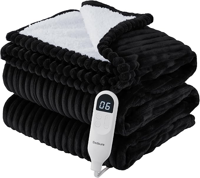 Bedsure GentleSoft Electric Blanket Twin - Soft Ribbed Flannel Heated Blanket, Heating with 10 Time Settings, 6 Heat Settings, and 8 hrs Timer Auto Shut Off, Gifts for Grandma (62x84 inches, Black)
