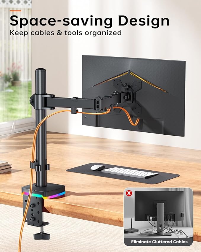 RGB Single Monitor Stand, Fully Adjustable Monitor Desk Mount Sturdy Stepped Arm Design up to 17.6lbs Desk Mount withRGB USB & USB-C High Speed Data Transfer C-Clamp 75x75/100x100 VESA
