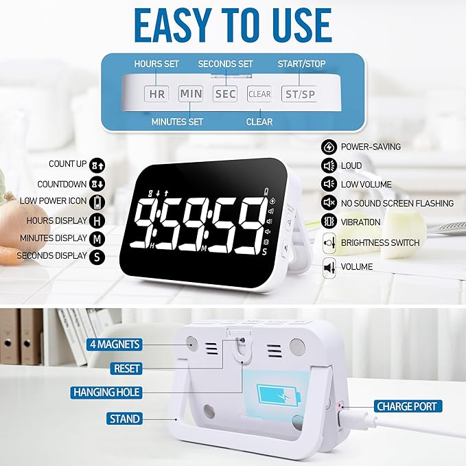 Kitchen Timer （1.5" Number） Large Digital Magnetic Timer, Rechargeabilit, Countdown and Countup, 3 Brightness Display, 3 Volume Levels and Vibration Mode, for Cook, Kids Adults Study Teaching