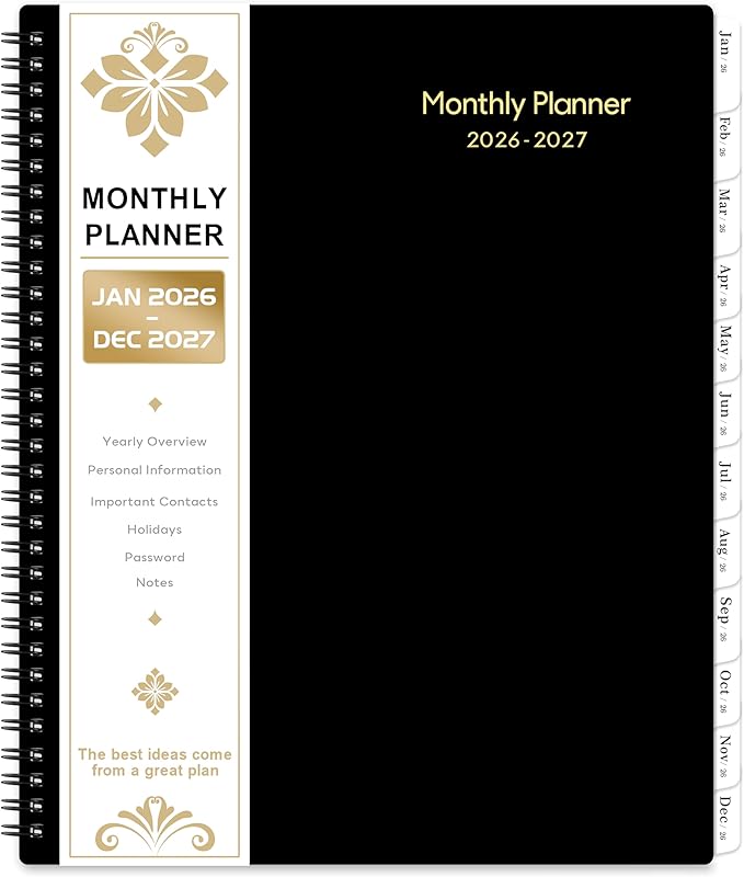 2026-2027 Monthly Planner/Calendar - 2 Year Monthly Planner 2026-2027, Jan.2026 - Dec.2027, 9" x 11", 2 Years Calendar 26-27 with Tabs,+Contacts + Back Pocket + Twin-wire Binding - Black