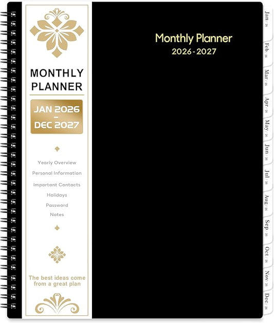 2026-2027 Monthly Planner/Calendar - 2 Year Monthly Planner 2026-2027, Jan.2026 - Dec.2027, 9" x 11", 2 Years Calendar 26-27 with Tabs,+Contacts + Back Pocket + Twin-wire Binding - Black