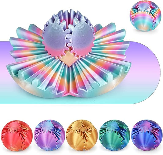 GearSphere 3D Printed Spin Ball or Cube Fidget Toy, Fidget Ball Gear Toy for Stress and Anxiety Relief, Desk Toy for Adults & Kids (Rainbow, 3.1 Inch)