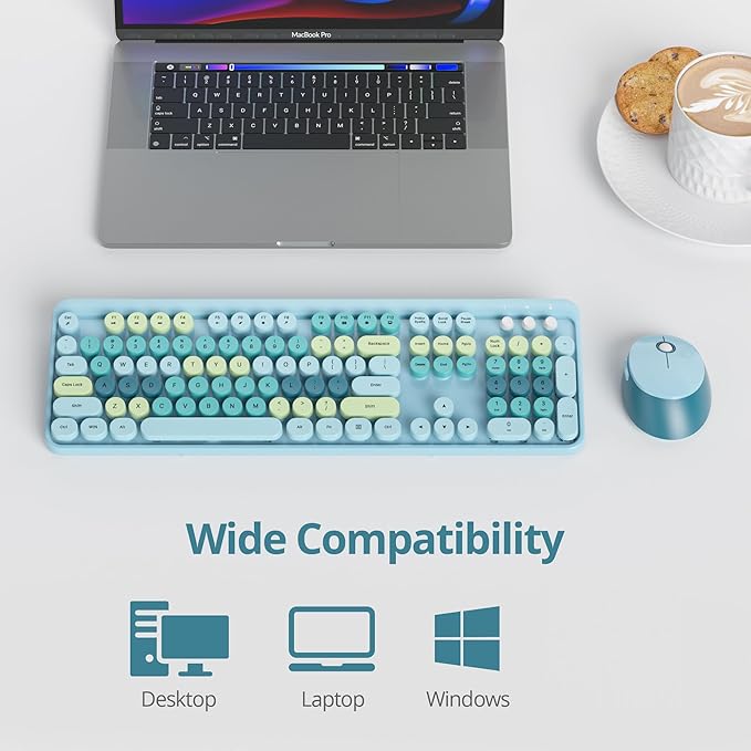 GTSP Typewriter Colorful Wireless Keyboard and Mouse Combo, 2.4GHz Full-Size Retro Cute Office Computer Keyboard with Round Keycaps for Desktop Laptop and PC (Light Blue)