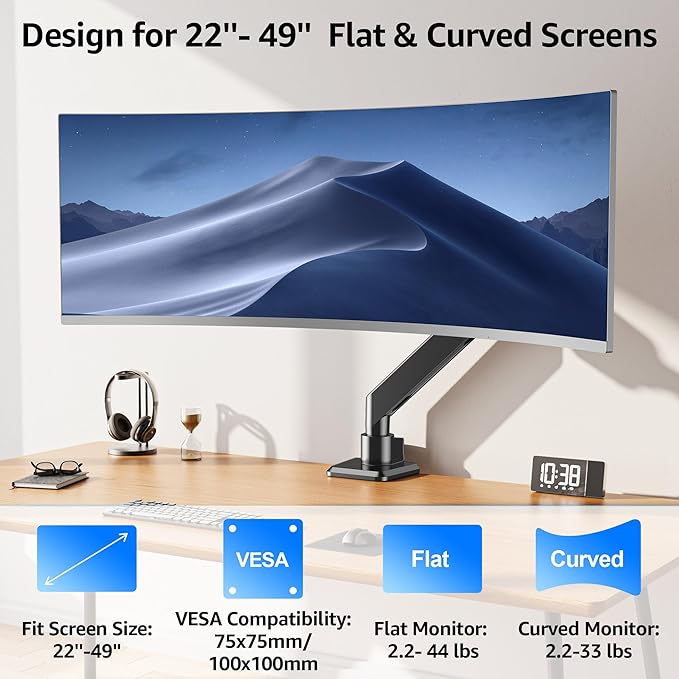 MOUNTUP Heavy Duty Monitor Arm for 49 inches, 44 lbs Curved Screens, Ultrawide Single Monitor Desk Mount, Monitors Stand for Samsung Odyssey G9 and More, VESA Mount with Clamp & Grommet Base