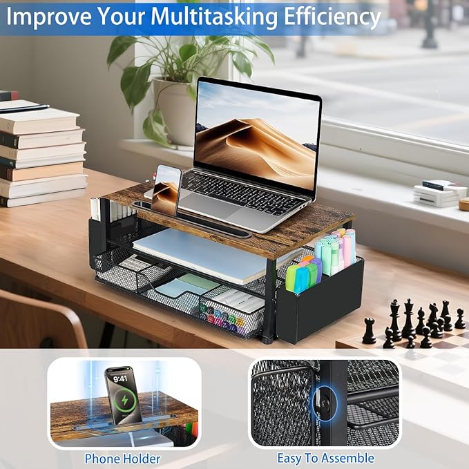 Wood Desk Organizers and Accessories, 2-Tier Computer Monitor Stand Riser with Drawer, Pen Storage & Phone Holder, Office Desk Accessories, Workspace Desktop Organization for Office Supplies（Brown）